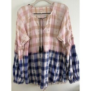 JAG Women XL Pink Blue Dip Dye Plaid Embroidered Pom Pom Tassel Boho Blouse